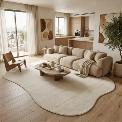 שטיח FLOW אמורפי דגם OASIS 80304, High-floor Israeli apartment living room, Quiet Luxury (Mocha & Espresso), lifestyle pro...