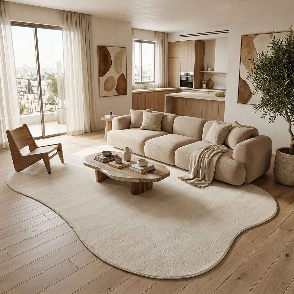 שטיח FLOW אמורפי דגם OASIS 80304, High-floor Israeli apartment living room, Quiet Luxury (Mocha & Espresso), lifestyle pro...