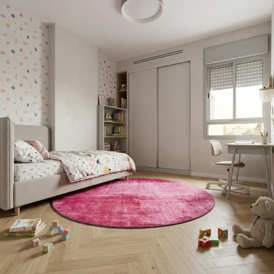 שטיח LUCCA 1620 ורוד ווש משופשף עגול, lifestyle props, Soft Window Light, Photorealistic Interior Magazine.