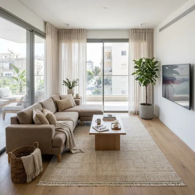 שטיח לולאות ג'וי 03 JOY בז', Scandi Neutrals, Flat Cloudy Sky, lifestyle props.