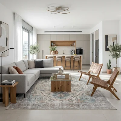 שטיח וינטג' מדליון ווש 2073-04, Modern Israeli Living Room, lifestyle props, Refined Contemporary Israeli Aesthetic, Dream...