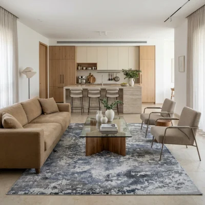 שטיח מודרני SMOKED 3250-02‏, Open-plan living room in a high-quality Israeli home in central Israel, Soft Window Light, li...