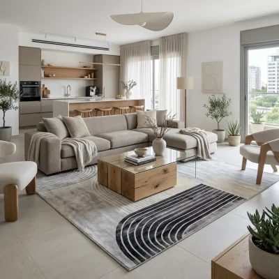 שטיח אלמנט 3004 SALE, lifestyle props, Refined Contemporary Israeli Aesthetic, Dreamy Morning Glow.