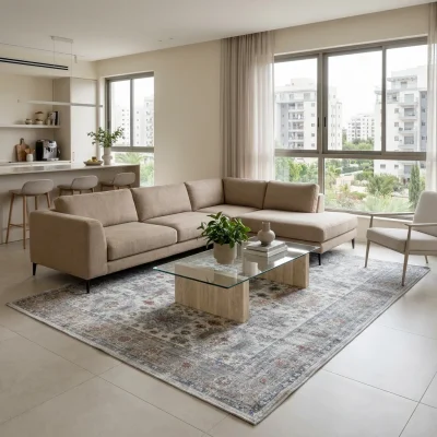 שטיח וינטג' צבעי מים 1883-07, Scandi Neutrals, Soft Window Light, styled props.