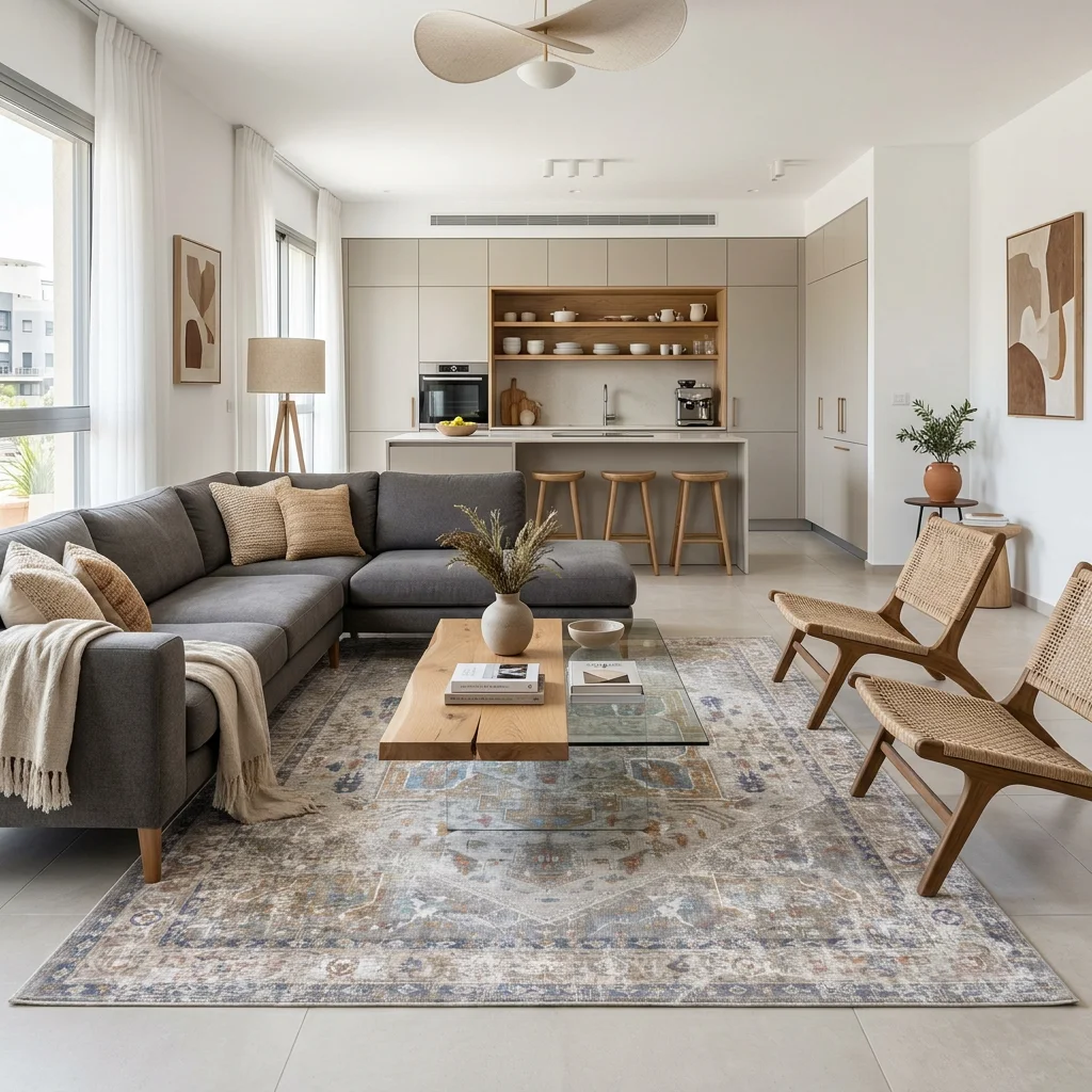 שטיח וינטג' ווש 2020-05, Modern Israeli Living Room, lifestyle props, Refined Contemporary Israeli Aesthetic, Dreamy Morni...