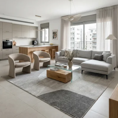 שטיח אלמנט 3001 XXL, lifestyle props, Refined Contemporary Israeli Aesthetic, Dreamy Morning Glow.
