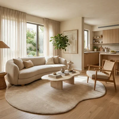 שטיח FLOW אמורפי דגם ZEN 02 SAND, Israeli Garden Apartment Living Room, Scandi Neutrals, lifestyle props, soft sunny dayli...