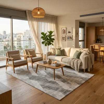 שטיח בלגי דגם בריסל 21, Modern Israeli Apartment Living Room, mid-to-high floor, lifestyle props, Soft warm natural daylig...