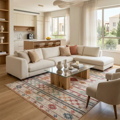 שטיח אתני צבעוני 1746-01, Open-plan contemporary Israeli living room, lifestyle props, Contemporary Israeli Home, Soft Win...