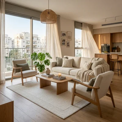 שטיחון לולאות דגם COZY 05 קרם מסגרת, Modern Israeli Apartment Living Room, mid-to-high floor, lifestyle props, Soft warm n...