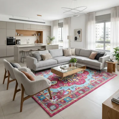 שטיח בוהו צבעוני 1466, Modern Israeli Living Room, lifestyle props, Refined Contemporary Israeli Aesthetic, Dreamy Morning...
