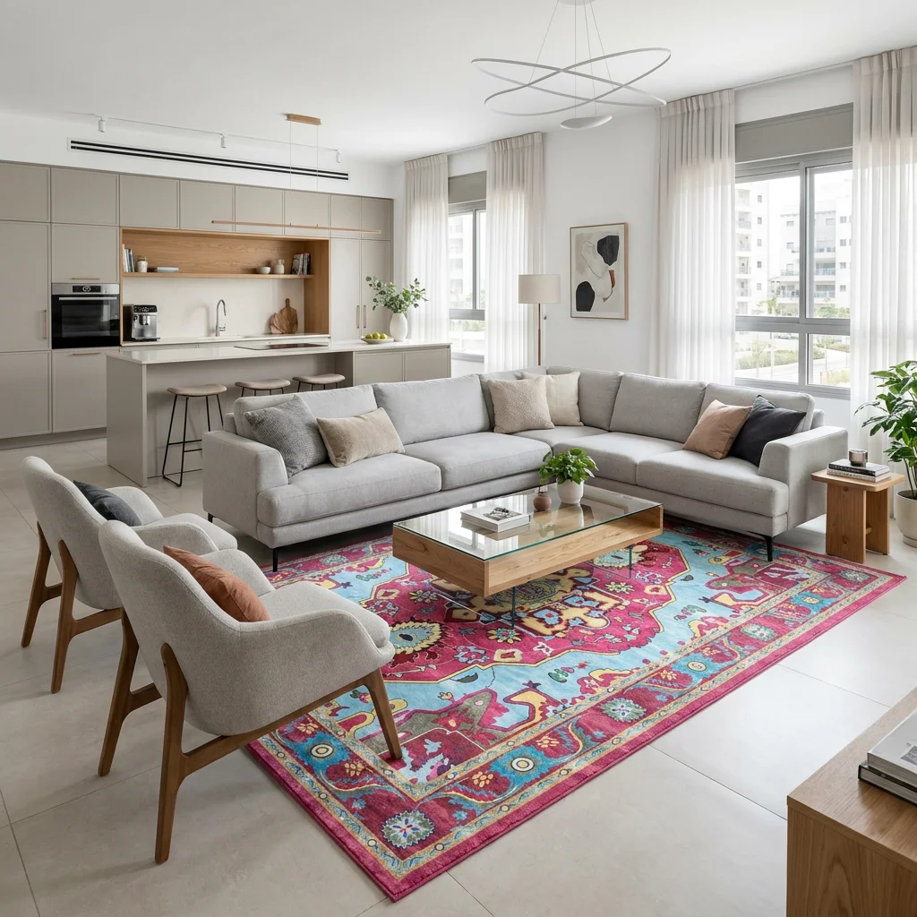 שטיח בוהו צבעוני 1466, Modern Israeli Living Room, lifestyle props, Refined Contemporary Israeli Aesthetic, Dreamy Morning...