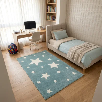 שטיח ילדים כוכבים כחול, Cozy Israeli Children's Bedroom, styled props, Realistic Interior Photography, Dreamy Morning Glow.