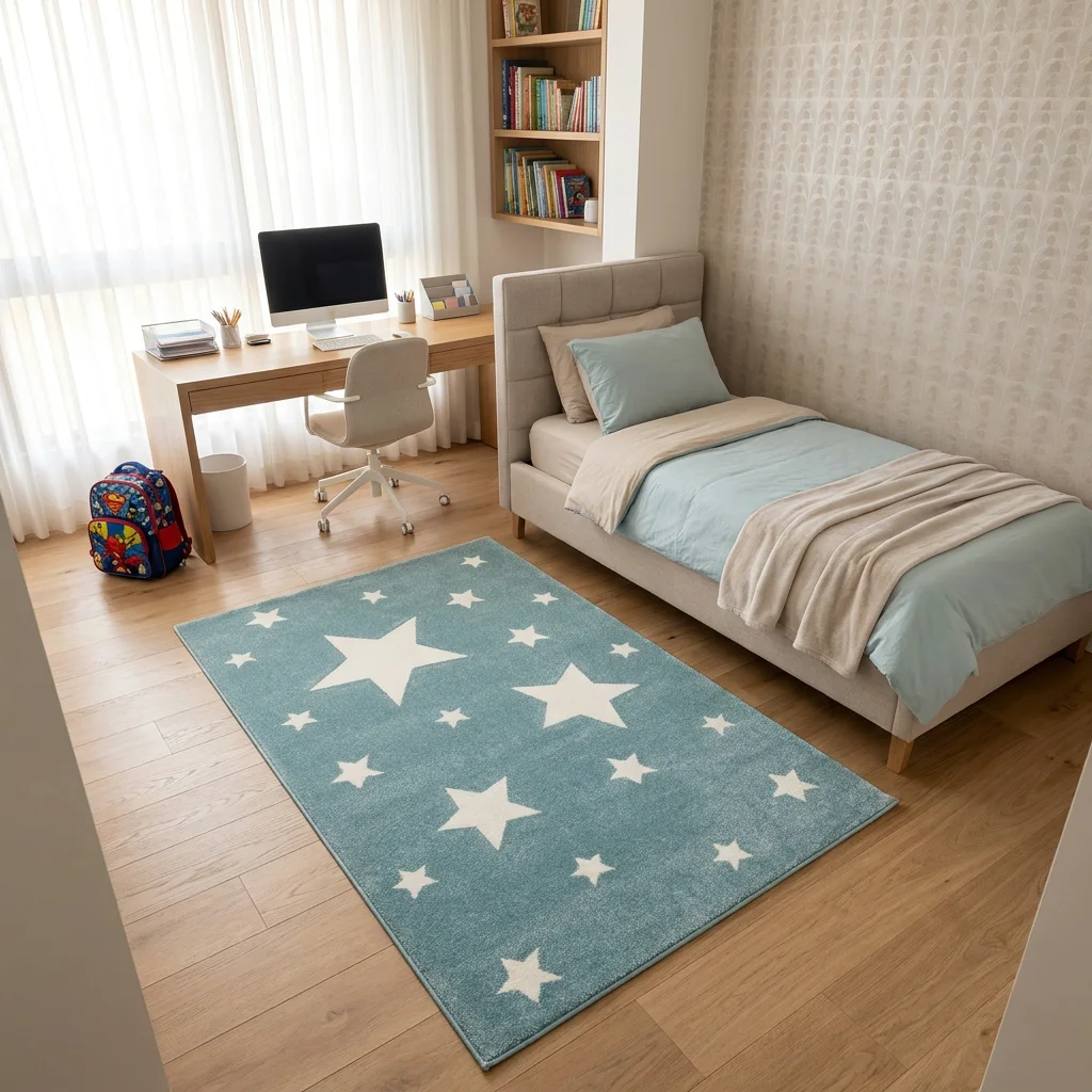 שטיח ילדים כוכבים כחול, Cozy Israeli Children's Bedroom, styled props, Realistic Interior Photography, Dreamy Morning Glow.