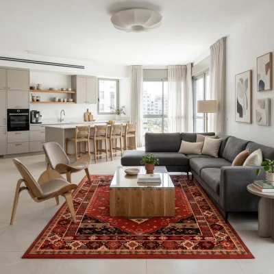 שטיח וינטג' קשמיר 336, Modern Israeli Living Room, lifestyle props, Refined Contemporary Israeli Aesthetic, Dreamy Morning...