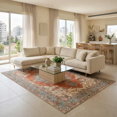 שטיח וינטג' 5525-00, Scandi Neutrals, Soft Window Light, styled props.