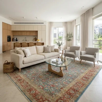 שטיח וינטג' מוסול 3955-00, Open-plan living room in a high-quality Israeli home in central Israel, Soft Window Light, life...