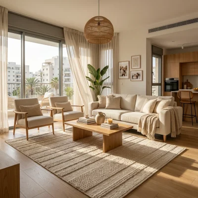 שטיח לולאות ג'וי 01 JOY קרם, Modern Israeli Apartment Living Room, mid-to-high floor, lifestyle props, Soft warm natural d...