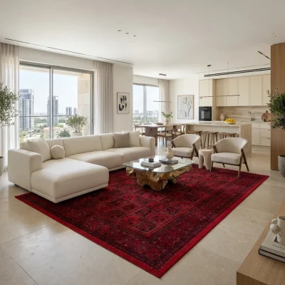 שטיח בדוגמת בכטיאר אפגאני 720-00 עבודת מכונה, Sophisticated Contemporary Israeli Penthouse, Soft Window Light, lifestyle p...