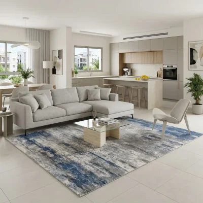 שטיח מודרני אבסטרקט מילאנו 05 1645-01, Spacious open-plan contemporary Israeli living room with an open kitchen, lifestyle...