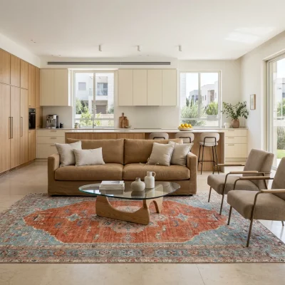 שטיח מדליון קלאסי איסטנבול 5161, Open-plan living room in a high-quality Israeli home in central Israel, Soft Window Light...