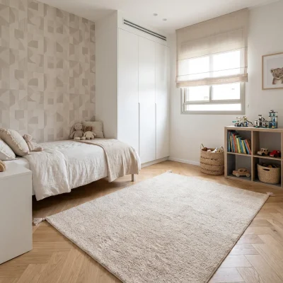 שטיח ילדים בונבון בז' חלק, Israeli Children's Bedroom, Scandi Neutrals, lifestyle props, Soft Window Light.