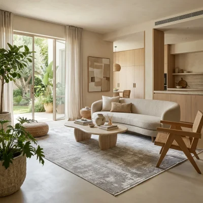 שטיח ליאונה 01 CONCRETE, Israeli Garden Apartment, lifestyle props, Soft, sunny daylight filtering through large glass doo...
