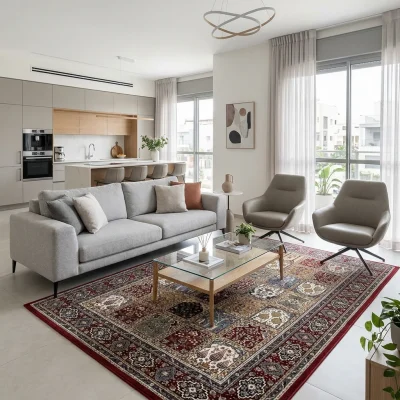 שטיח בלגי בריסל סופר קלאסי 2, Contemporary Israeli living room in a modern apartment in central Israel, open-plan with an ...