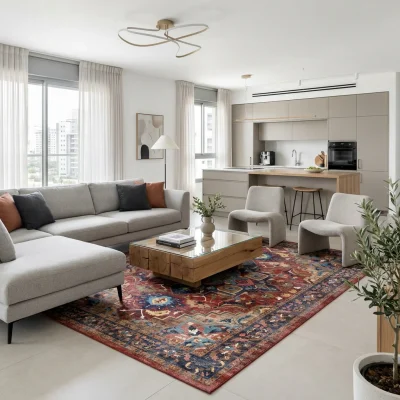 שטיח וינטג' קשמיר 188, Modern Israeli Living Room, lifestyle props, Refined Contemporary Israeli Aesthetic, Dreamy Morning...