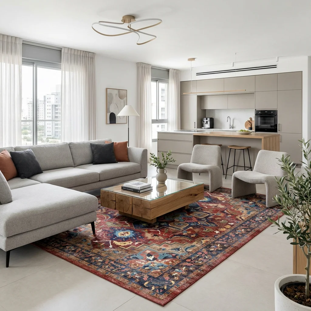 שטיח וינטג' קשמיר 188, Modern Israeli Living Room, lifestyle props, Refined Contemporary Israeli Aesthetic, Dreamy Morning...