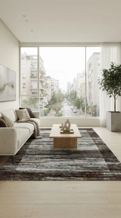 שטיח בלגי דגם בריסל 32, spacious, bright living room on the 10th floor of a contemporary apartment building, Scandi Neutra...