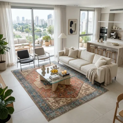 שטיח וינטג' מרמריס 5206-00, Modern high-floor apartment living room in central Israel with open-plan kitchen and balcony a...