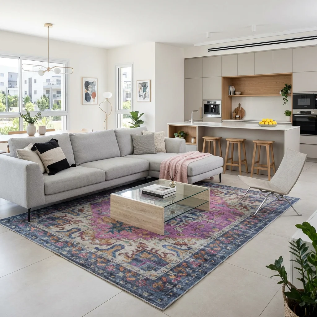 שטיח וינטג' ורוד טולדו 2175-00, Spacious open-plan contemporary Israeli living room with an open kitchen, lifestyle props,...