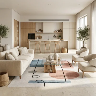 שטיח מודרני פבלו 4706-00, Open-plan living room in a high-quality Israeli home in central Israel, Soft Window Light, lifes...