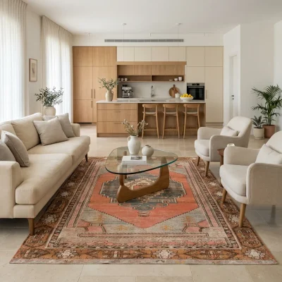שטיח וינטג' ויולה 3840, Open-plan living room in a high-quality Israeli home in central Israel, Soft Window Light, lifesty...