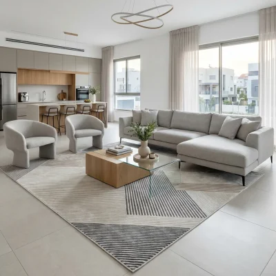 שטיח אלמנט 3000, lifestyle props, Refined Contemporary Israeli Aesthetic, Dreamy Morning Glow.