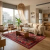 שטיח צמר אתני אדום KDM 04 בעבודת מכונה, Modern Israeli Apartment Living Room, mid-to-high floor, lifestyle props, Soft war...