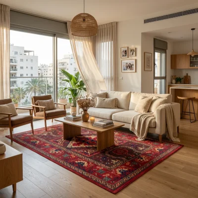 שטיח צמר אתני אדום KDM 04 בעבודת מכונה, Modern Israeli Apartment Living Room, mid-to-high floor, lifestyle props, Soft war...