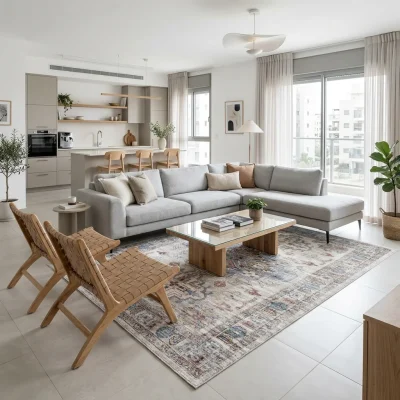 שטיח וינטג' מדליון 5515-00, Modern Israeli Living Room, lifestyle props, Refined Contemporary Israeli Aesthetic, Dreamy Mo...