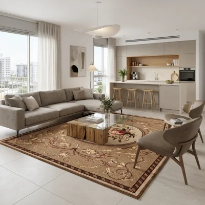 שטיח וינטג' קשמיר 167, Modern Israeli Living Room, lifestyle props, Refined Contemporary Israeli Aesthetic, Dreamy Morning...