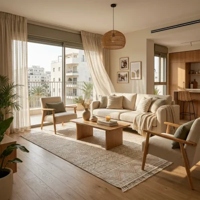 שטיח לולאות דגם COZY 02 אפור בז', Modern Israeli Apartment Living Room, mid-to-high floor, lifestyle props, Soft warm nat...