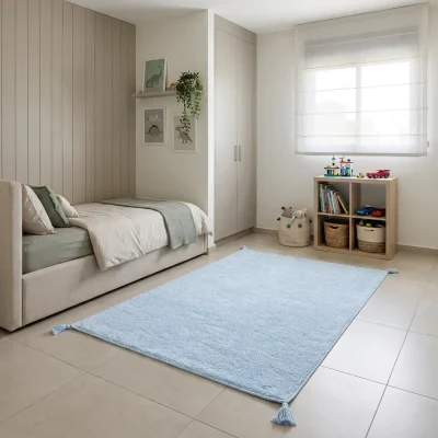 שטיח ילדים בונבון תכלת חלק, lifestyle props, Soft Window Light.