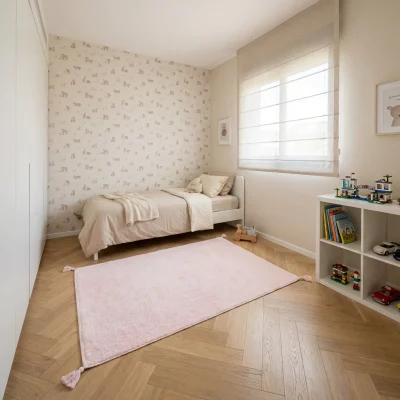 שטיח ילדים בונבון פודרה חלק, Israeli Children's Bedroom, Scandi Neutrals, lifestyle props, Soft Window Light.