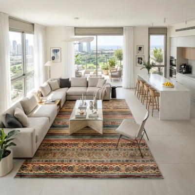 שטיח וינטג' שאל 5354, Modern high-floor apartment living room in central Israel with open-plan kitchen and balcony access,...