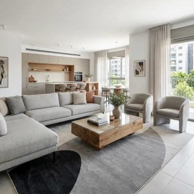 שטיח אלמנט 3003 SALE, lifestyle props, Refined Contemporary Israeli Aesthetic, Dreamy Morning Glow.