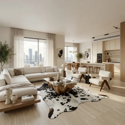 שטיח פרה 435, Sophisticated Contemporary Israeli Penthouse, Soft Window Light, lifestyle props.
