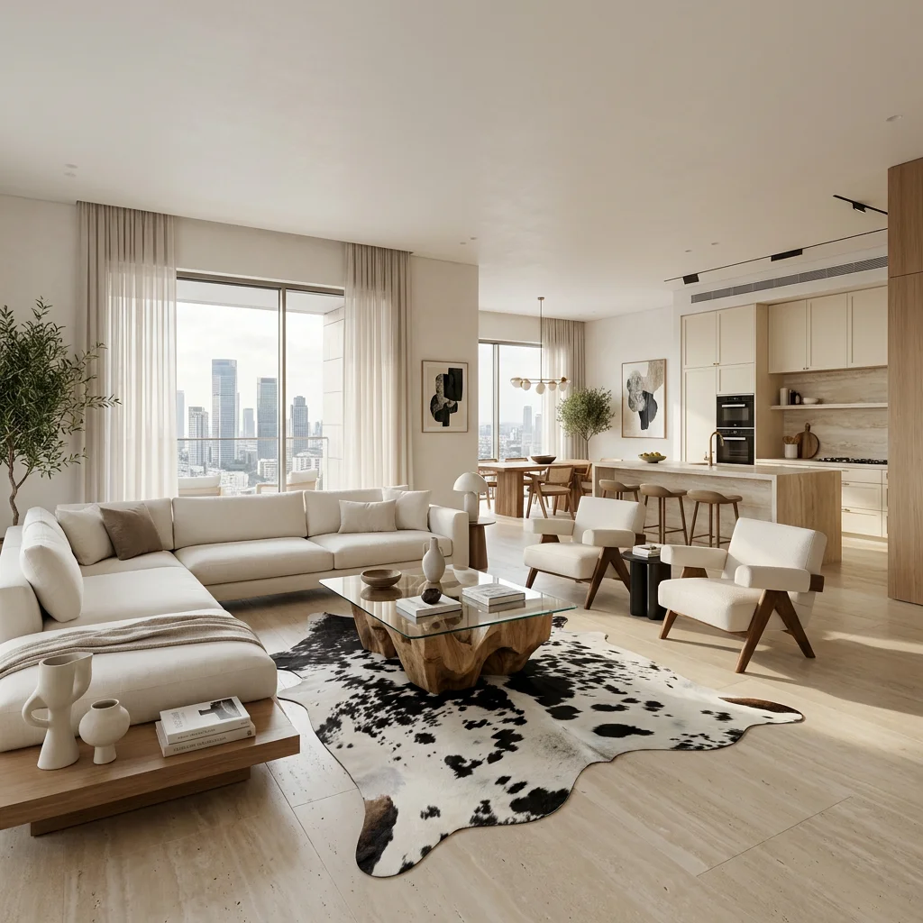 שטיח פרה 435, Sophisticated Contemporary Israeli Penthouse, Soft Window Light, lifestyle props.