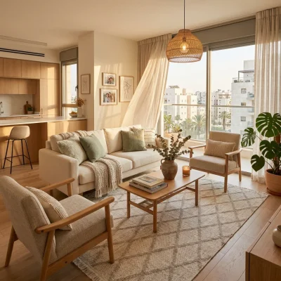 שטיח לולאות דגם COZY 04 אפור, Modern Israeli Apartment Living Room, mid-to-high floor, lifestyle props, Soft warm natural ...