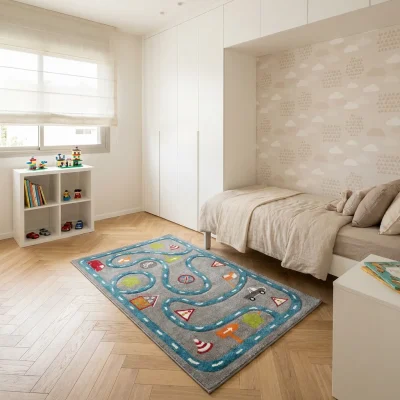 שטיח ילדים כבישים אפור כחול, Israeli Children's Bedroom, Scandi Neutrals, lifestyle props, Soft Window Light.