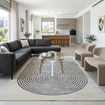 שטיח אלמנט 3005, lifestyle props, Refined Contemporary Israeli Aesthetic, Dreamy Morning Glow.